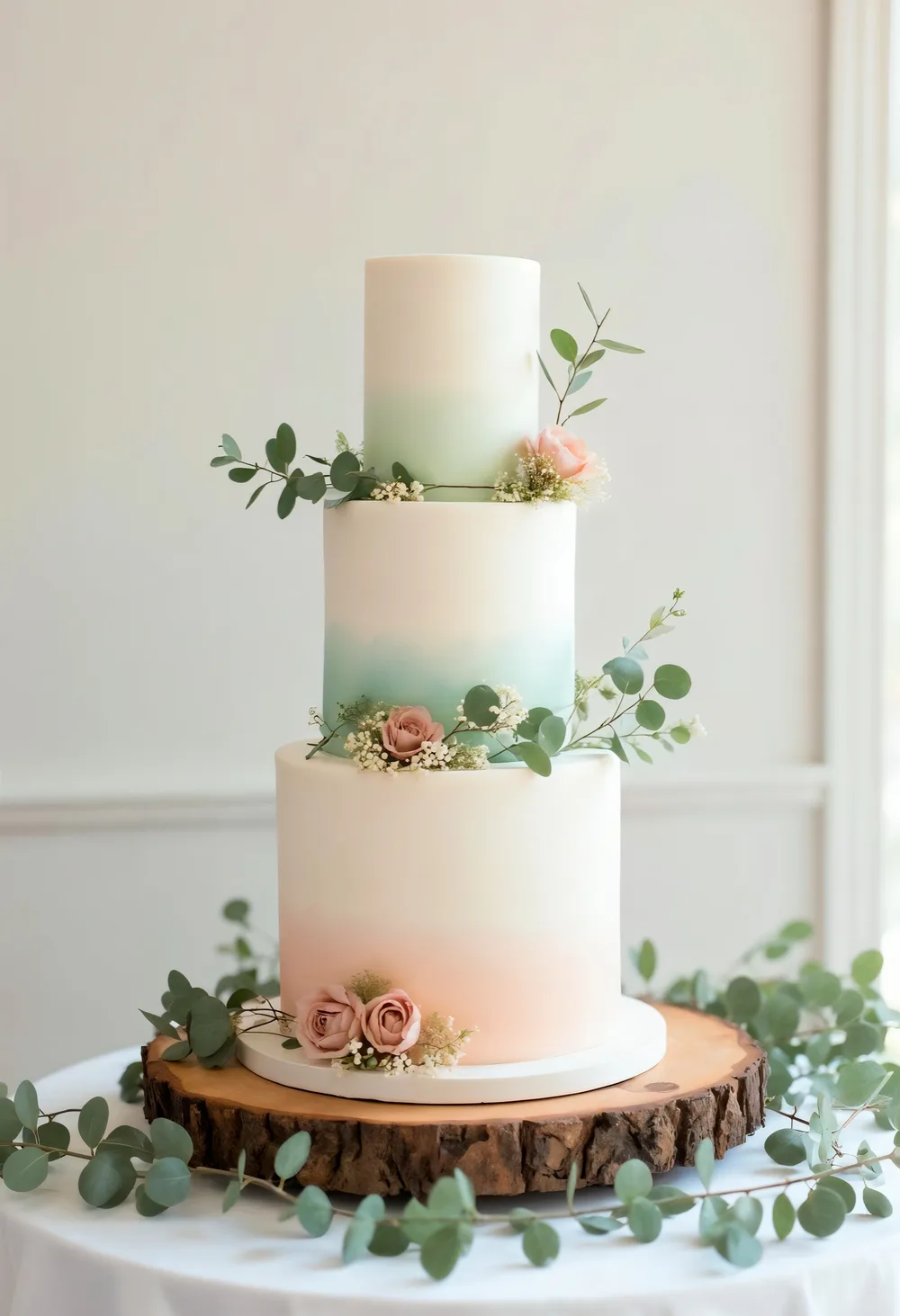 A tiered wedding cake dressed with roses and eucalyptus