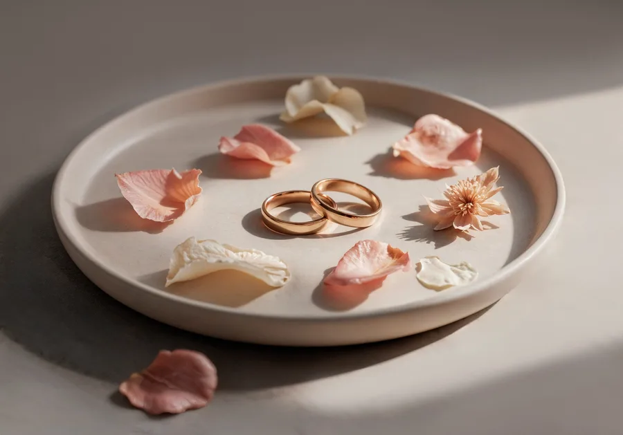 Two rings and scattered petals on a plain ceramic dish